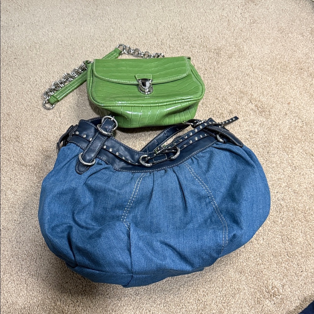 Nine West Blue Denim and Green Leather Crossbody Bags